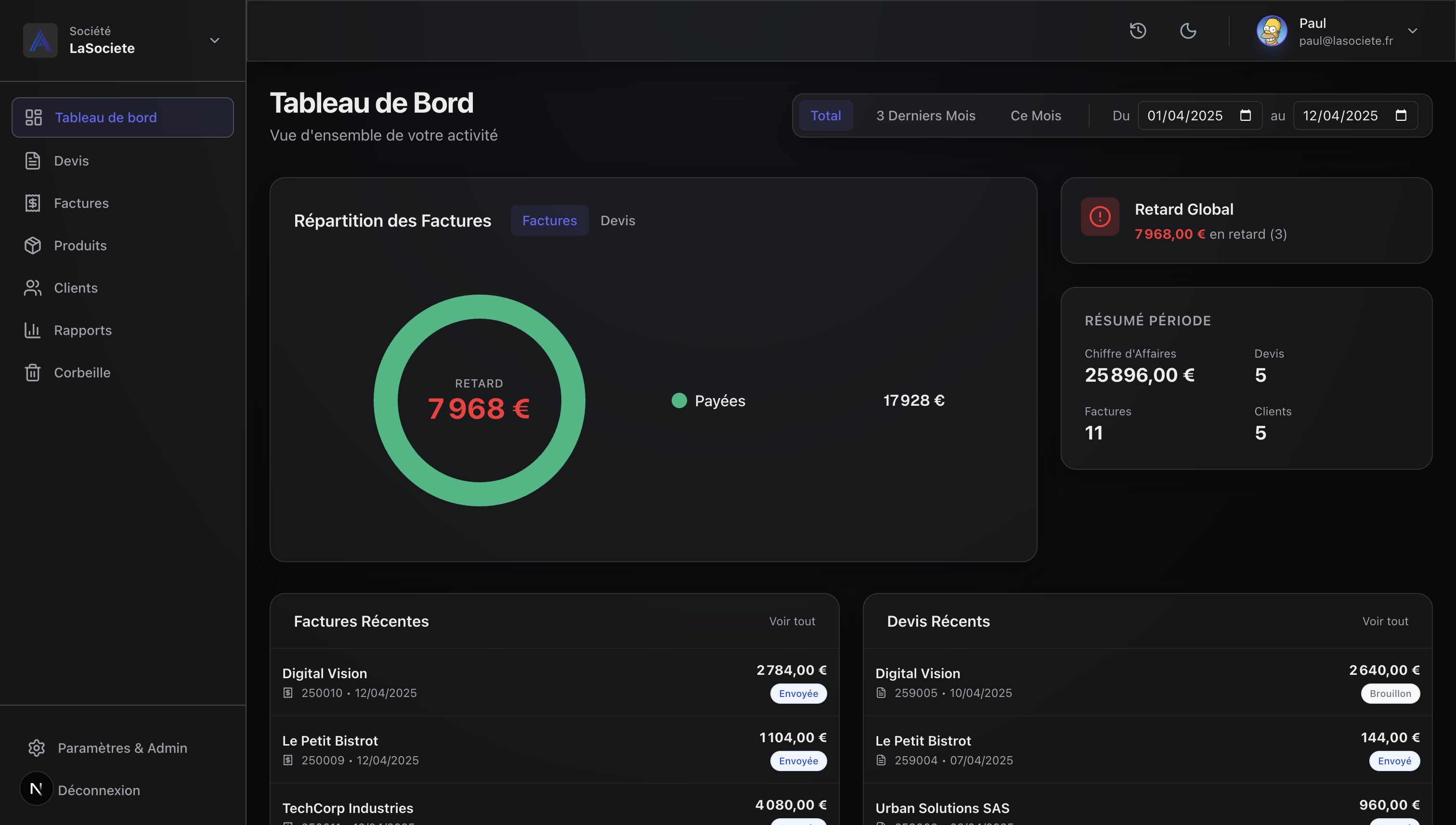 MyFacture en mode sombre — interface desktop